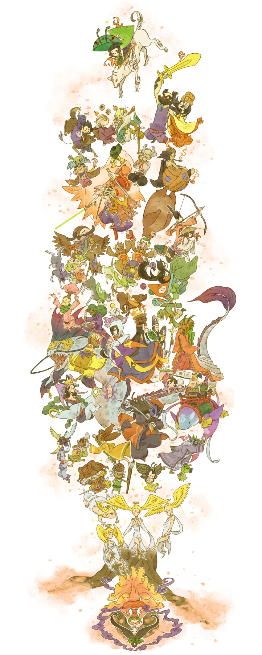6+boys 6+girls absurdres amaterasu_(ookami) angel arrow_(projectile) bad_id bad_pixiv_id bear bird bomb bug calligraphy_brush capcom character_request dog explosive food fruit highres himiko_(ookami) horns issun kaguya kaguya_(ookami) kai_(ookami) kushi lika mask mole mr_orange mrs_orange multiple_boys multiple_girls niapincurl ofuda oki okikurumi_(ookami) onigiri_sensei ookami_(game) orange_(fruit) otohime owl paintbrush peach princess_fuse rao sakuya_(ookami) samickle scroll shinai skull susano susanoo_(ookami) sword tree tsuzurao upside-down ushiwakamaru_(ookami) weapon wings wolf