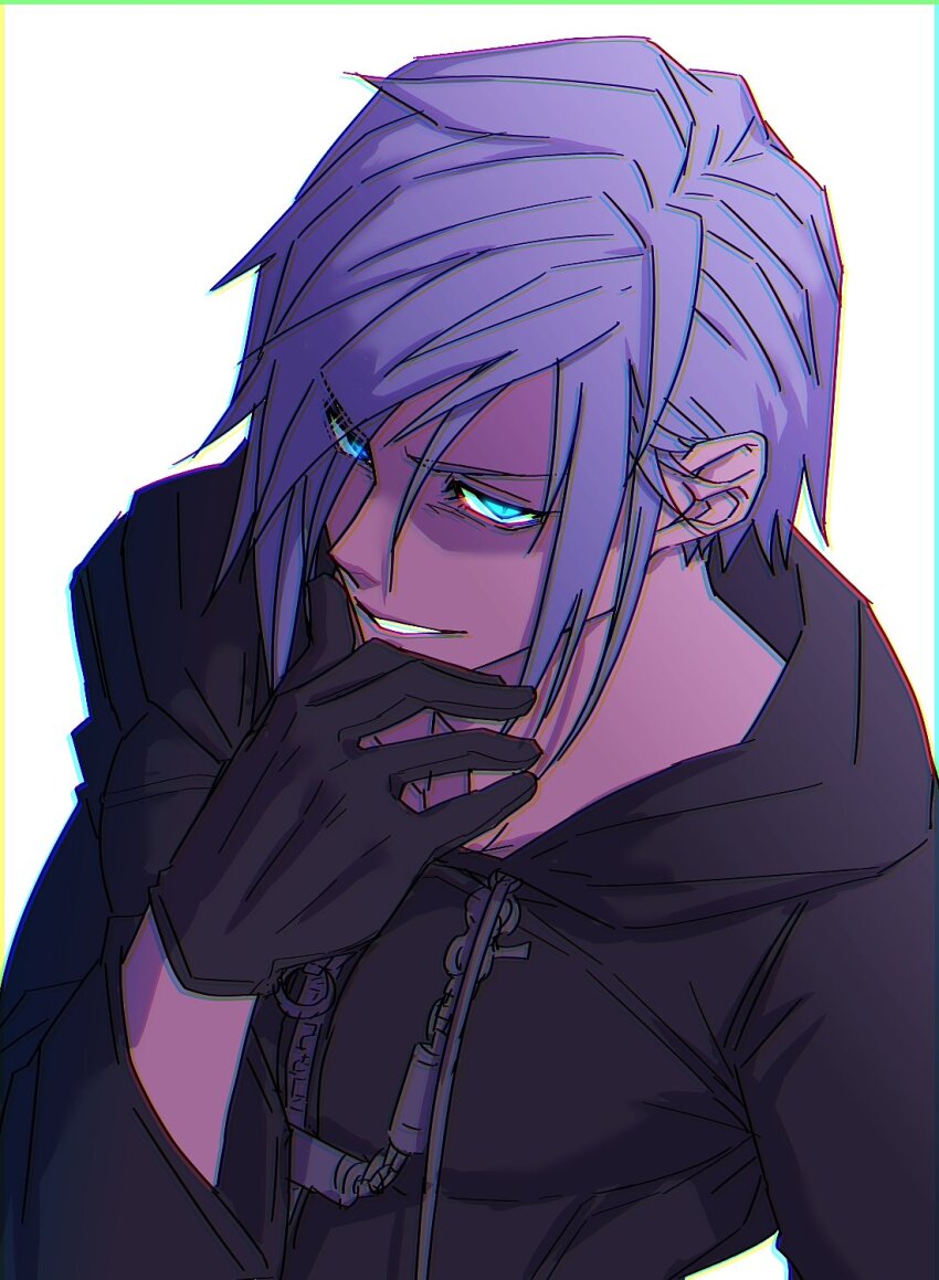 1boy asymmetrical_bangs black_coat black_coat_(kingdom_hearts) black_gloves blue_eyes blue_hair coat commentary_request evil_grin evil_smile from_above gloves grin hair_over_one_eye hand_on_own_chin hand_up highres hood hood_down hooded_coat kingdom_hearts kingdom_hearts_ii long_coat looking_up male_focus mu_huu short_hair smile solo upper_body zexion
