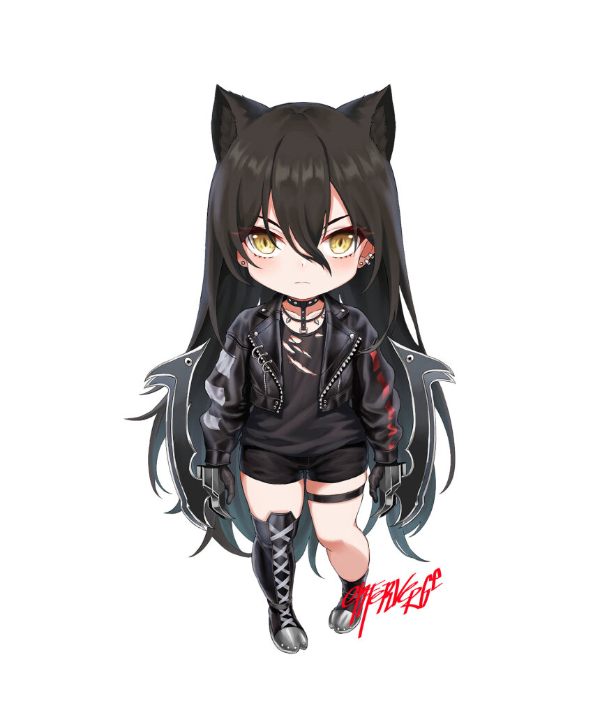 1girl animal_ears arknights asymmetrical_footwear black_boots black_choker black_gloves black_hair black_jacket black_shirt black_shorts boots cat_ears choker cropped_jacket dagda_(arknights) deformed double-parted_bangs ear_piercing earrings enferverge flat_chest gloves hair_between_eyes highres jacket jewelry knee_boots leather leather_jacket long_hair long_hair_between_eyes long_sleeves open_clothes open_jacket piercing shirt short_shorts shorts sidelocks signature simple_background single_knee_boot solo standing straight-on stud_earrings thigh_strap torn_clothes torn_shirt uneven_footwear v-shaped_eyebrows very_long_hair white_background yellow_eyes