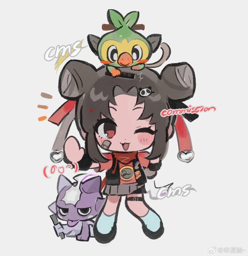 bird black_hair black_shoes bow chibi chibi_only creatures_(company) game_freak gen_8_pokemon grey_background grookey hair_bow highres nintendo one_eye_closed original pokemon shoes skirt socks toxel weibo_7087802219 white_socks