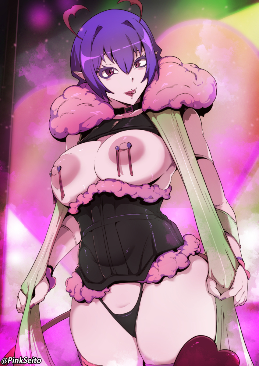 1girl alternate_costume artist_name black_panties black_sash black_shrug breasts breasts_out closed_mouth cowboy_shot demon_girl demon_horns dot_nose eyebrows eyelashes female_focus fingernails from_below fur-trimmed_sash fur-trimmed_scarf fur_trim green_scarf highres horns large_breasts licking_lips lips lipstick looking_at_viewer looking_down mairimashita!_iruma-kun makeup matching_hair/eyes mature_female nail_polish nipple_piercing nipples orphen_(pink_seito) outdoors panties piercing pink_sash pink_scarf pointy_ears pov purple_eyes purple_hair purple_lips purple_nails raim_(mairimashita!_iruma-kun) sash scarf short_hair shrug_(clothing) sleeveless sleeveless_shrug solo standing thick_thighs thighs tongue tongue_out two-tone_sash two-tone_scarf underwear wide_hips