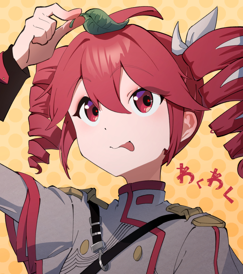 1girl ahoge arm_up blush bow commentary_request double-parted_bangs drill_hair fin_gocco hair_between_eyes hair_bow hair_ribbon highres holding holding_leaf jacket kasane_teto kasane_teto_(sv) leaf leaf_on_head looking_at_viewer portrait print_background red_eyes red_hair red_trim ribbon shirt shoulder_belt solo striped_clothes striped_jacket synthesizer_v tongue tongue_out twin_drills utau white_bow white_ribbon yellow_background