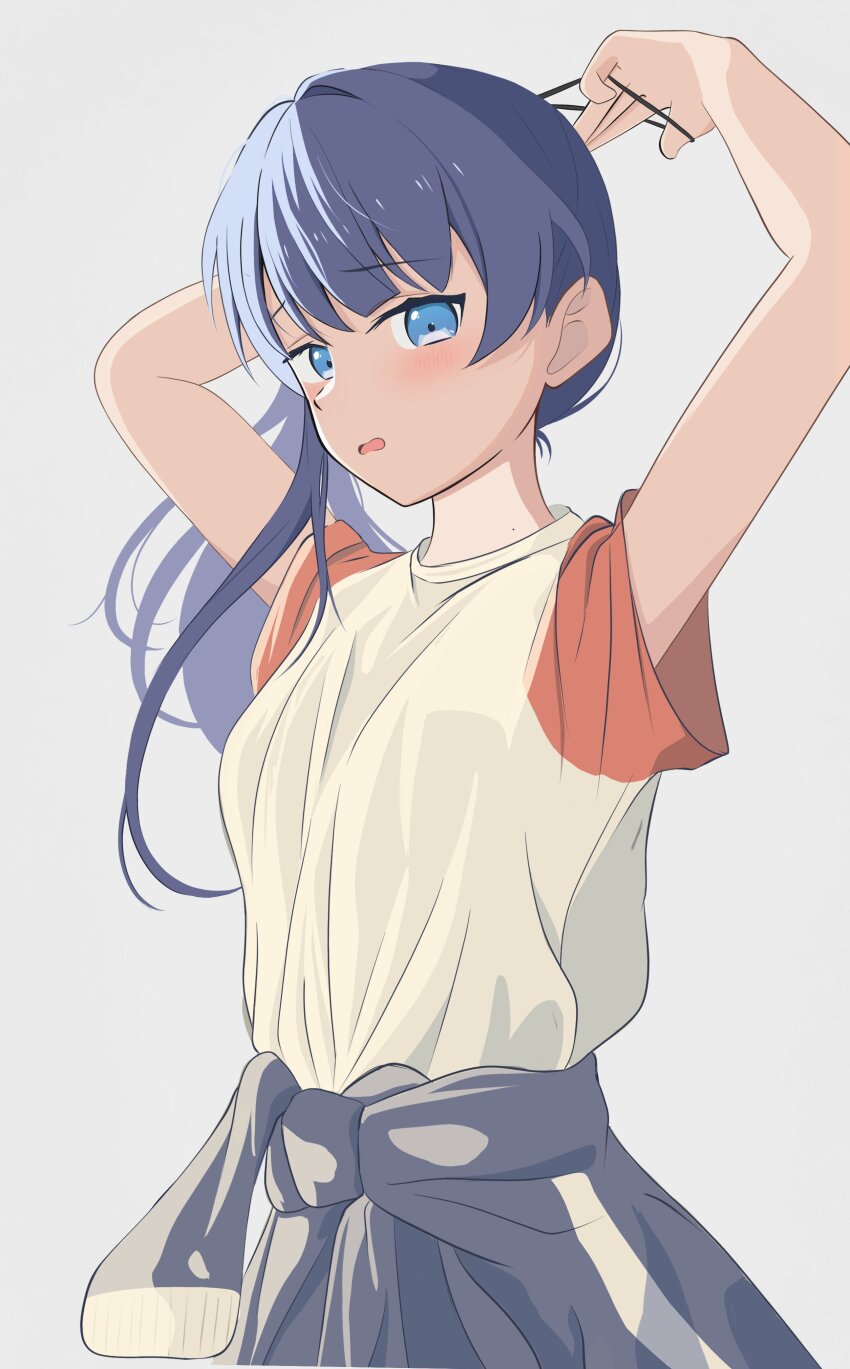 1girl absurdres arms_up blue_eyes blue_hair blush breasts clothes_around_waist commentary_request cowboy_shot embarrassed gym_shirt hair_tie hasu_no_sora_gym_uniform highres holding holding_hair_tie jacket jacket_around_waist link!_like!_love_live! lone_nape_hair long_hair love_live! medium_breasts mole mole_on_neck morio_(mmorio_mu) murano_sayaka open_mouth peanut_mouth ponytail red_sleeves shirt short_sleeves simple_background solo tying_hair virtual_youtuber white_background white_shirt