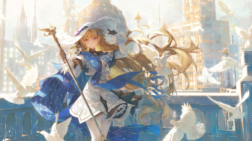 1girl absurdres arm_up bird black_gloves blonde_hair blue_eyes closed_mouth commentary gloves hair_ornament hand_on_own_hat hand_up hat highres holding holding_staff ijac_ray long_hair long_sleeves looking_at_viewer pantyhose phoebe_(wuthering_waves) pigeon shirt skirt smile staff tacet_mark_(wuthering_waves) white_bird white_hat white_pantyhose white_shirt white_skirt wuthering_waves x_hair_ornament