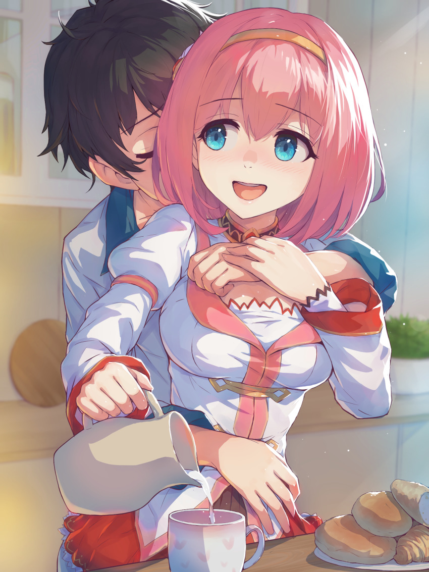 1boy 1girl bad_id bad_pixiv_id black_hair blue_eyes breasts closed_eyes coba_(coba_xp) food hairband highres holding holding_jug hug hug_from_behind jug_(bottle) kitchen long_sleeves medium_breasts milk open_mouth pink_hair pouring princess_connect! revision short_hair smile standing upper_body yui_(princess_connect!) yuuki_(princess_connect!)