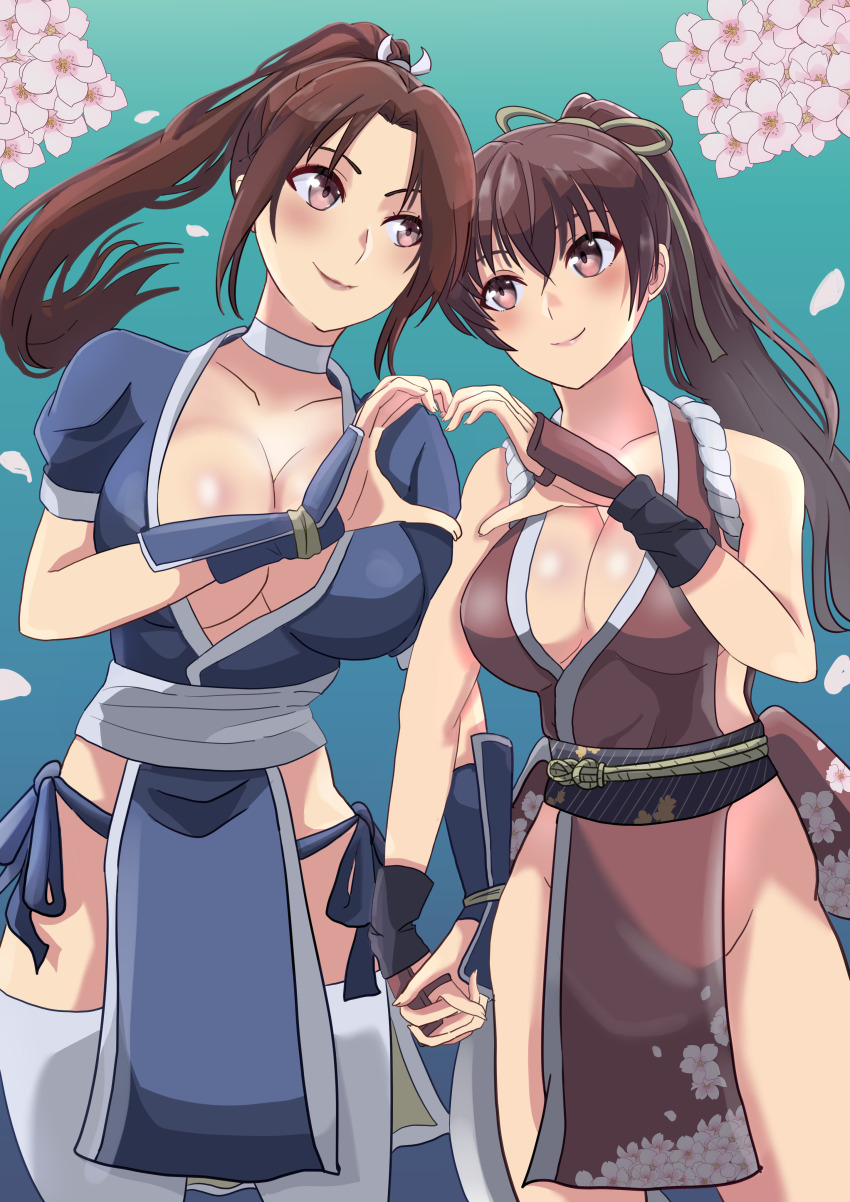 2girls absurdres breasts cherry_blossoms choker cleavage cosplay costume_switch crossover dead_or_alive fatal_fury female_focus hair_ribbon heart heart_hands heart_hands_duo high_ponytail highres holding_hands japanese_clothes kasumi_(doa) kasumi_(doa)_(cosplay) large_breasts long_hair multiple_girls musuhi ninja no_bra obi pelvic_curtain petals ponytail ribbon sash shiranui_mai shiranui_mai_(cosplay) smile snk team_ninja tecmo the_king_of_fighters thighhighs trait_connection white_choker white_thighhighs