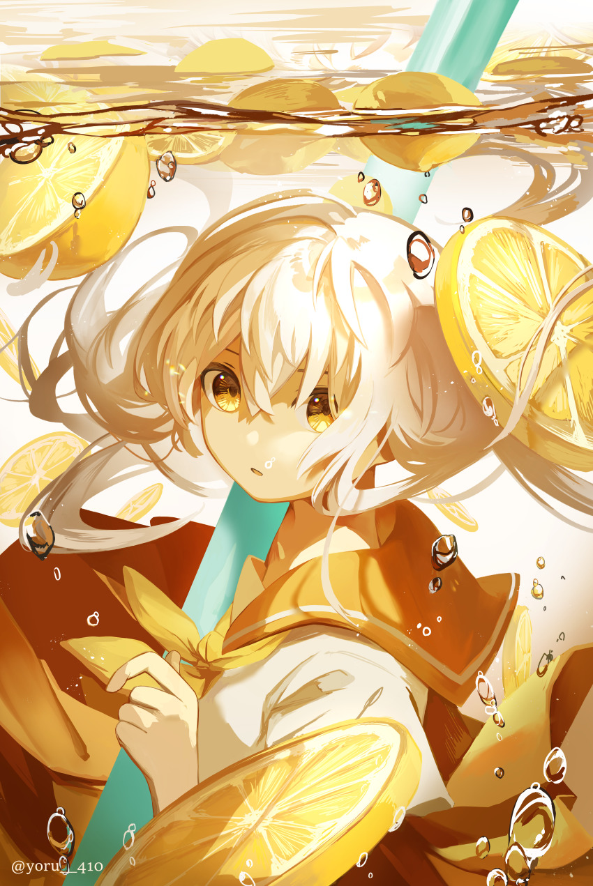1girl absurdres cup drinking_straw food fruit highres lemon long_hair looking_at_viewer neckerchief original parted_lips school_uniform serafuku short_hair solo twitter_username underwater white_hair yellow_eyes yellow_theme yoru_410