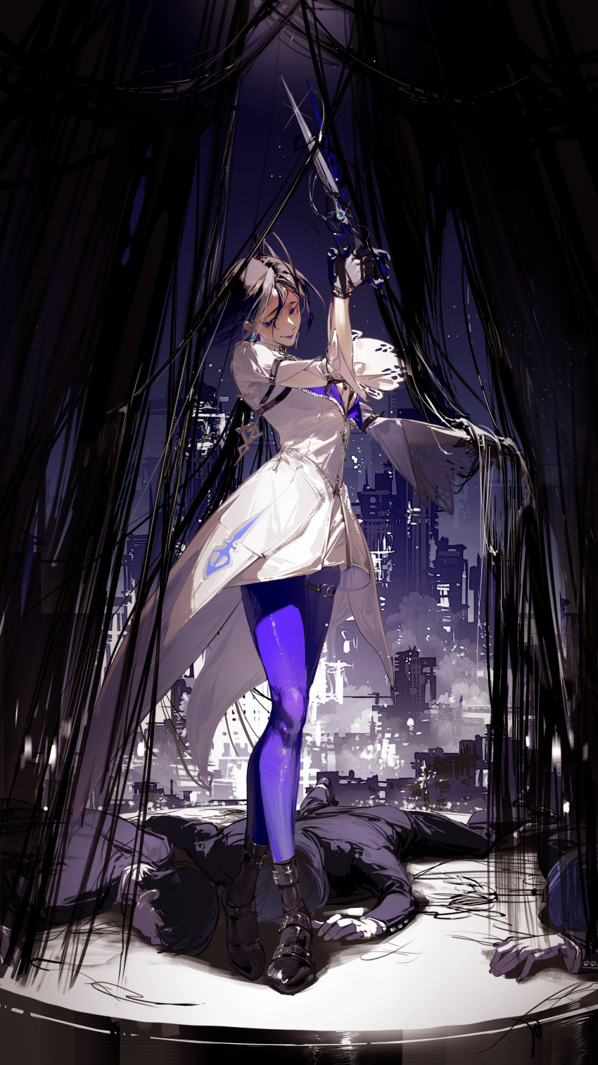 1girl absurdres adela_(path_to_nowhere) antenna_hair arm_belt black_footwear black_hair black_jacket blue_eyes blue_leggings blue_lips boots breasts chinese_commentary city cityscape cleavage commentary crossed_legs curtains earrings full_body gloves highres holding holding_scissors jacket jewelry leggings looking_at_viewer lying medium_breasts medium_hair moruki night night_sky on_stomach path_to_nowhere scissors sideways_glance skindentation sky smile smoke solo_focus stage stage_curtains standing star_(sky) suit_jacket tailcoat thigh_strap watson_cross white_gloves white_jacket zipper zipper_pull_tab