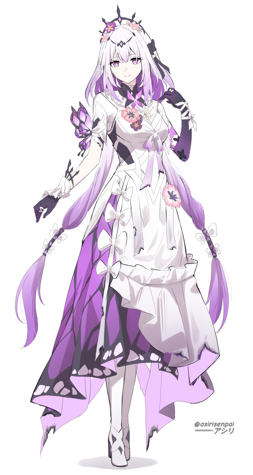 1girl absurdres adapted_costume artist_name asiri_senpai asymmetrical_gloves black_bow black_collar black_tiara bow breasts bright_pupils castorice_(honkai:_star_rail) closed_mouth collar commentary dress elbow_gloves flower full_body gloves hair_bow hair_flower hair_ornament hand_up high_heels highres honkai:_star_rail honkai_(series) long_dress long_hair looking_at_viewer low_twintails medium_breasts pink_flower purple_eyes purple_gloves purple_hair shoes simple_background single_elbow_glove smile solo standing tiara twintails twitter_username uneven_gloves very_long_hair white_background white_dress white_pupils white_shoes