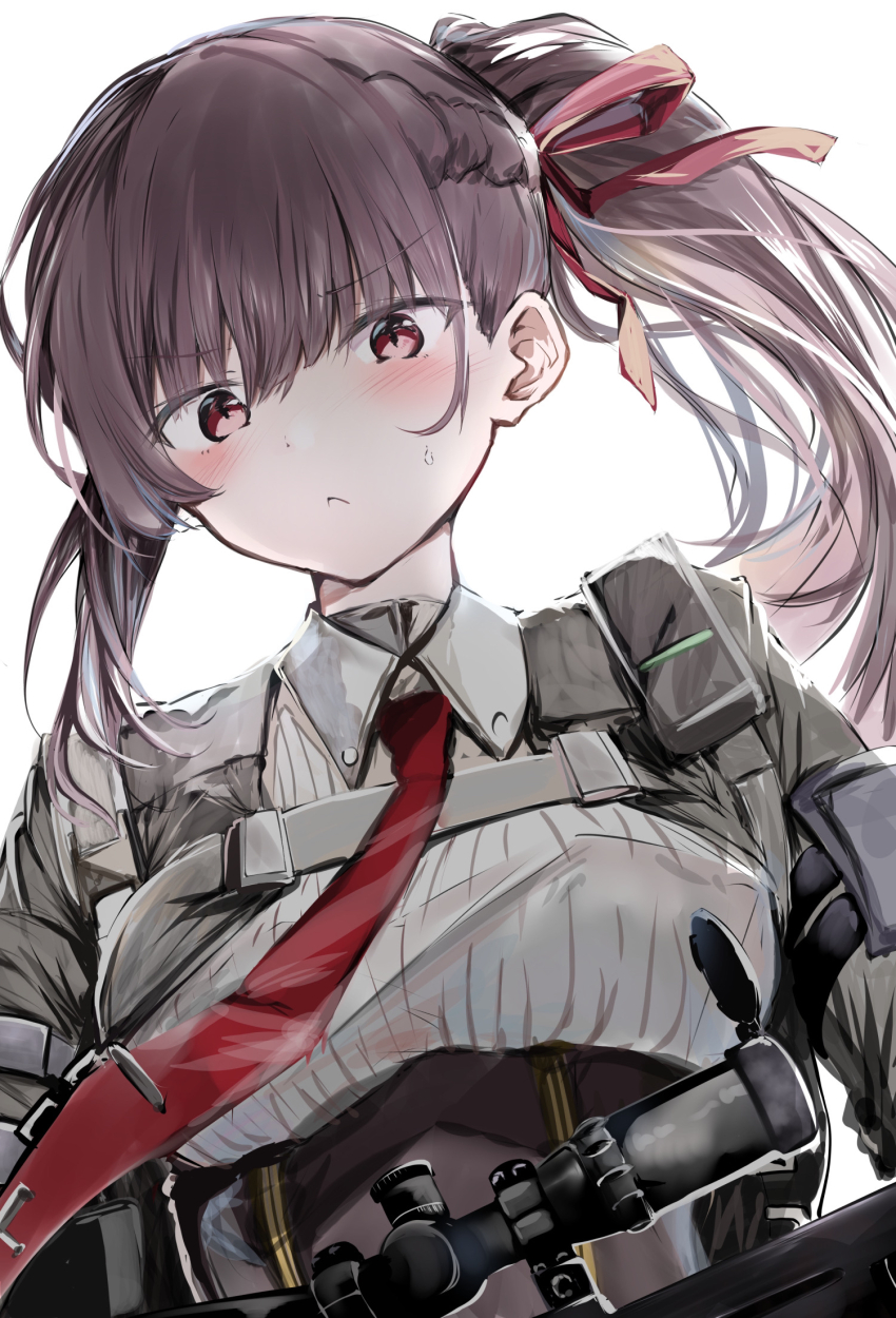 1girl blush breasts brown_hair bullpup closed_mouth collared_shirt commentary_request girls&#039;_frontline girls&#039;_frontline_2:_exilium grey_jacket gun hair_between_eyes hair_ribbon highres jacket kuromiko_shoujo long_hair looking_at_viewer makiatto_(girls&#039;_frontline_2) medium_breasts red_eyes red_ribbon ribbon rifle scope shirt side_ponytail simple_background small_sweatdrop sniper_rifle solo sweat upper_body wa2000_(girls&#039;_frontline) walther walther_wa_2000 weapon white_background white_shirt