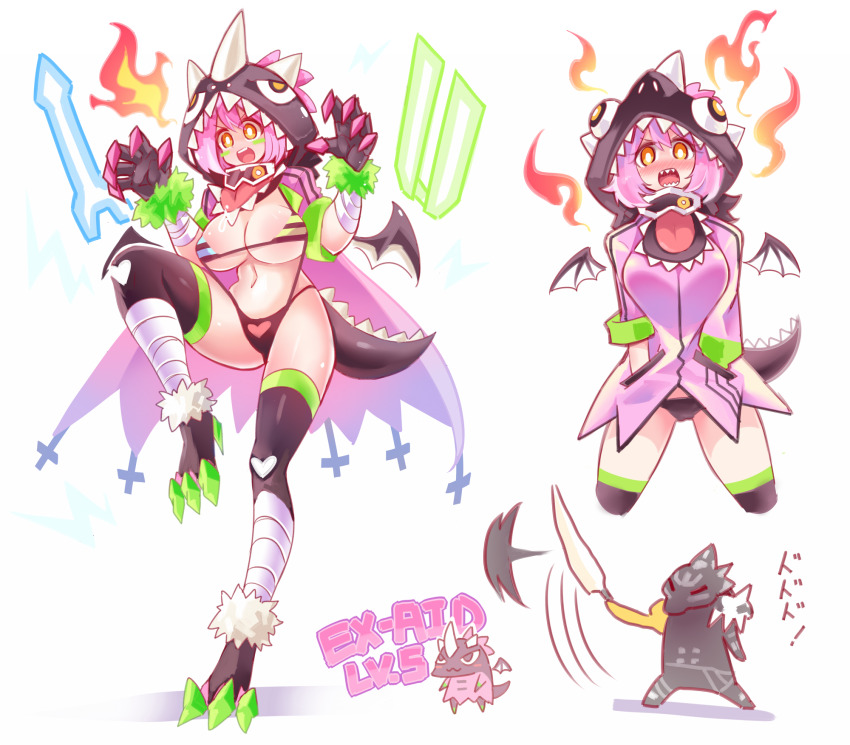 1boy 1girl angry animal_hood black_gloves black_slingshot_swimsuit black_thighhighs blush breasts chibi claw_pose claws cleavage ditienan_ddn drago_knight_hunter_z_level_5 dragon_girl dragon_hood dragon_horns dragon_tail dragon_wings drooling energy_sword fire gloves graphite_bugster hands_in_pockets heart heart_print highres holding holding_sword holding_weapon hood hood_up hoodie horns kamen_rider kamen_rider_ex-aid kamen_rider_ex-aid_(series) large_breasts long_sleeves monster navel one-piece_swimsuit open_clothes open_hoodie open_mouth orange_eyes personification pink_hair pink_hoodie print_swimsuit rider-tan sharp_teeth short_hair slashing slingshot_swimsuit standing standing_on_one_leg striped_clothes striped_one-piece_swimsuit swimsuit sword tail teeth thighhighs underboob weapon white_background wings