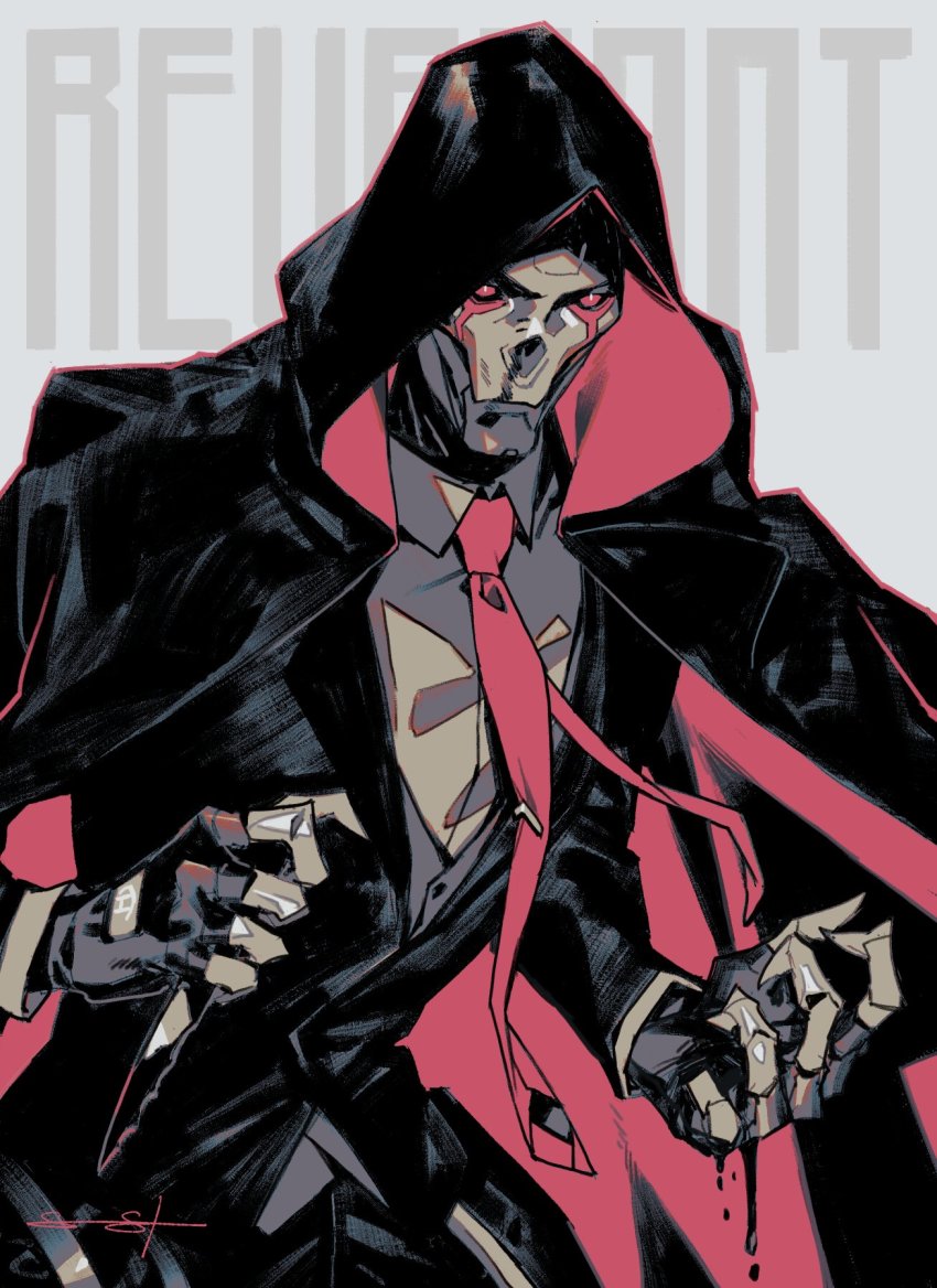 1boy apex_legends black_gloves blood character_name collared_shirt commentary deathproof_revenant english_commentary fingerless_gloves gloves grey_background highres holding holding_knife hood hood_up humanoid_robot jacket knife leaning_forward monochrome necktie no_humans open_hand red_eyes red_necktie revenant_(apex_legends) robot sarah_stone science_fiction shirt simulacrum_(titanfall) solo spot_color suit_jacket