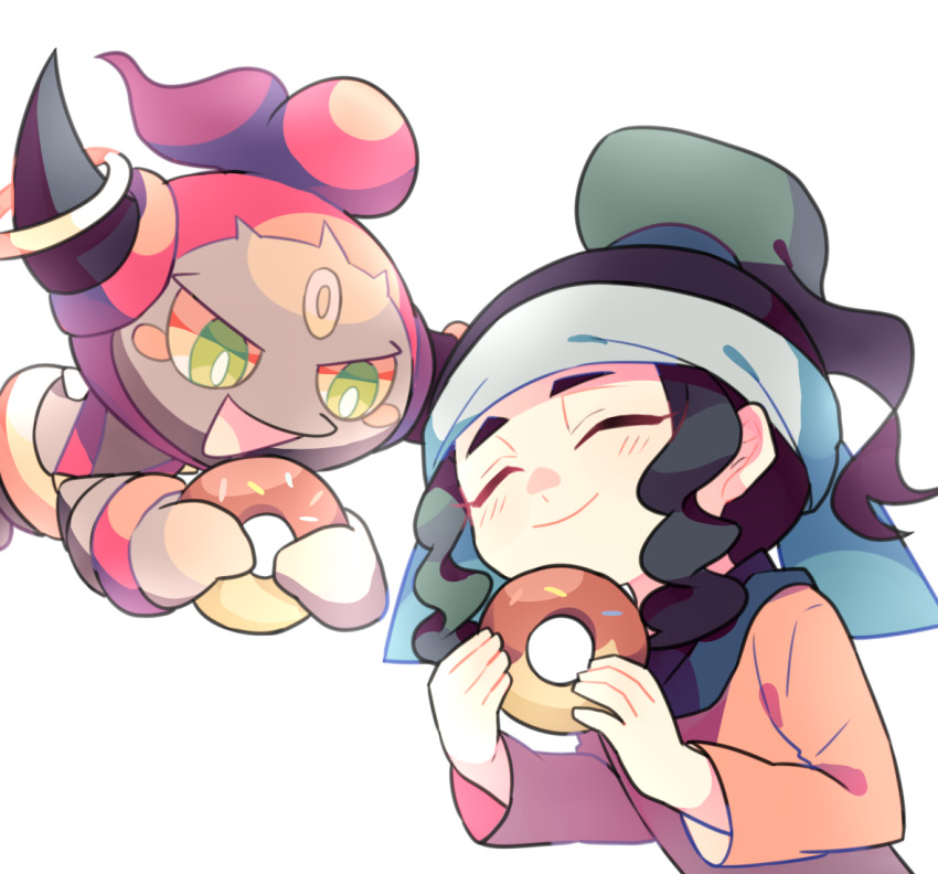 1girl black_hair blue_headband closed_eyes closed_mouth commentary_request donut food gen_6_pokemon green_eyes headband holding holding_donut holding_food hoopa hoopa_(confined) legendary_pokemon long_sleeves meray_(pokemon) mythical_pokemon nagatsukiariake nintendo open_mouth orange_shirt pokemon pokemon_(anime) pokemon_(creature) pokemon_the_movie:_hoopa_and_the_clash_of_ages pokemon_xy_(anime) ponytail shirt sidelocks simple_background smile white_background