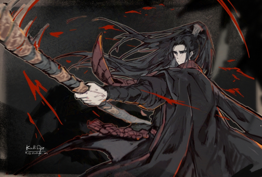 1boy absurdres black_eyes black_hair black_hanfu blood blood_on_clothes bloody_weapon blurry blurry_foreground chinese_clothes hair_flowing_over hair_ornament hairpin hanfu high_ponytail highres holding holding_staff holding_weapon jacket jacket_on_shoulders jia_qiu_(project_moon) kalliope_orc limbus_company long_hair long_sleeves looking_at_object male_focus motion_blur ponytail project_moon red_rope red_scarf rope scar scar_on_face scarf serious sidelocks simple_background solo staff stole weapon