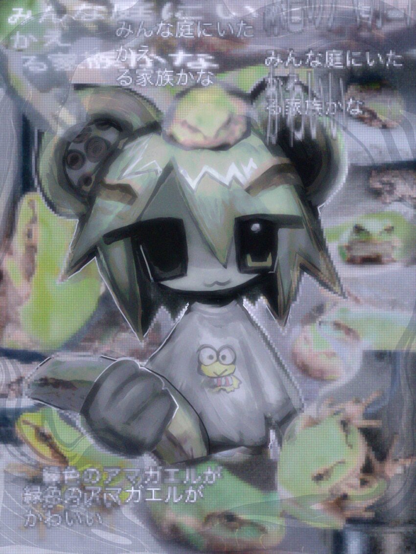 :3 abstract animal animal_on_head colored_skin frog grey_shirt grey_skin heterochromia highres holding keropii kinutaku looking_at_viewer on_head original sanrio shirt smile standing