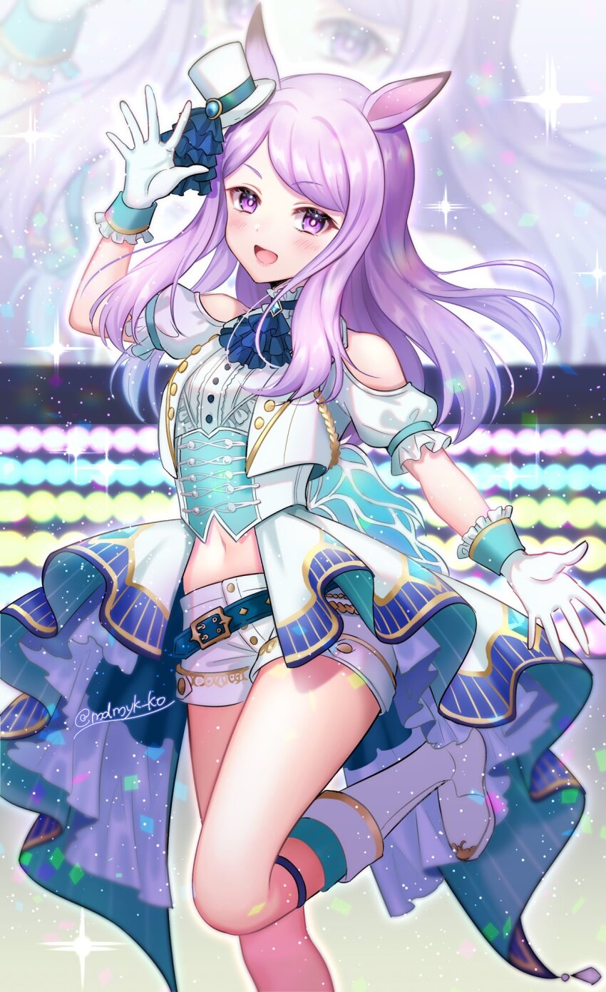 1girl animal_ears clothing_cutout glitter gloves grey_background hat highres horse_ears horse_girl leg_up long_hair looking_at_viewer mejiro_mcqueen_(end_of_sky)_(umamusume) mejiro_mcqueen_(umamusume) mendamen mini_hat mini_top_hat navel official_alternate_costume purple_eyes purple_hair short_sleeves shoulder_cutout simple_background sitting smile solo swept_bangs top_hat umamusume umapyoi_densetsu white_footwear white_gloves white_hat