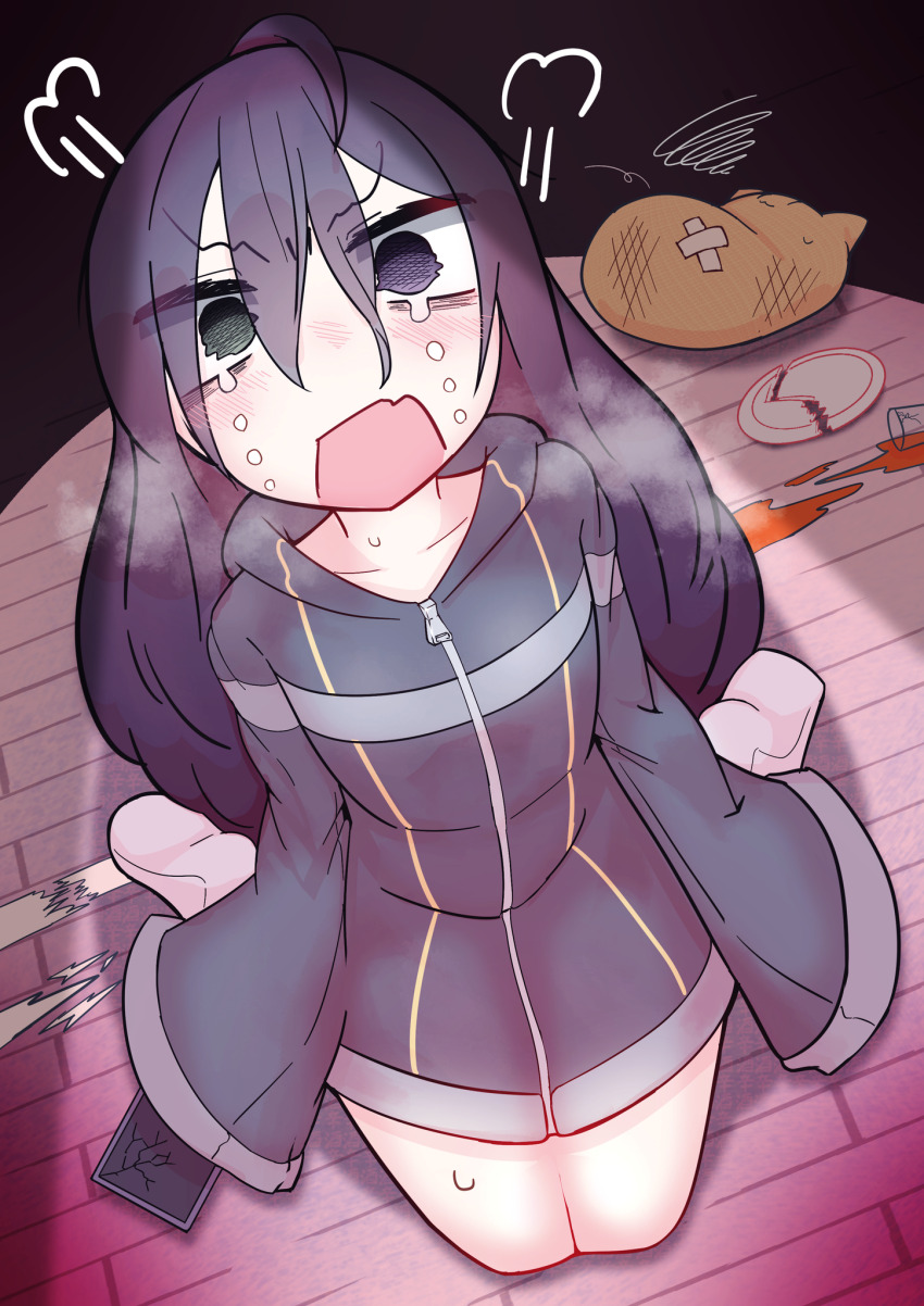 1girl ahoge angry animal bags_under_eyes black_eyes broken_plate broken_screen cat cellphone commentary_request crying crying_with_eyes_open eyes_visible_through_hair hair_between_eyes head_steam heterochromia highres jacket long_hair looking_at_viewer open_mouth original phone plate purple_eyes purple_hair purple_jacket sitting sleeves_past_wrists smartphone solo spill squiggle sugaraaaa tears wariza wavy_eyes wide-eyed wooden_floor zipper zipper_pull_tab
