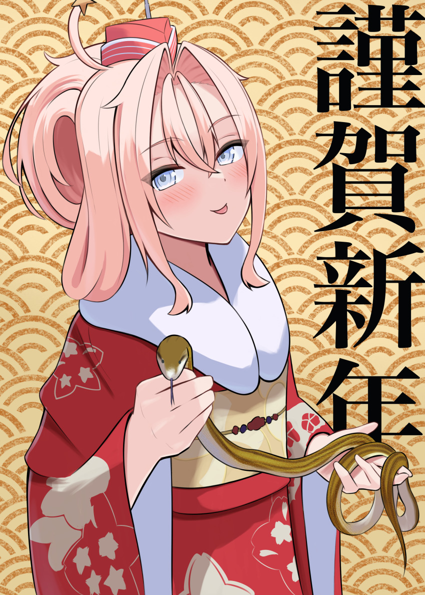 1girl absurdres alternate_costume drum_(kancolle) garrison_cap grey_eyes hair_between_eyes hat highres holding_animal holding_snake japanese_clothes kantai_collection kimono l_meet long_hair looking_at_viewer obi pink_hair red_hat red_kimono sash smile snake solo tongue tongue_out wide_sleeves