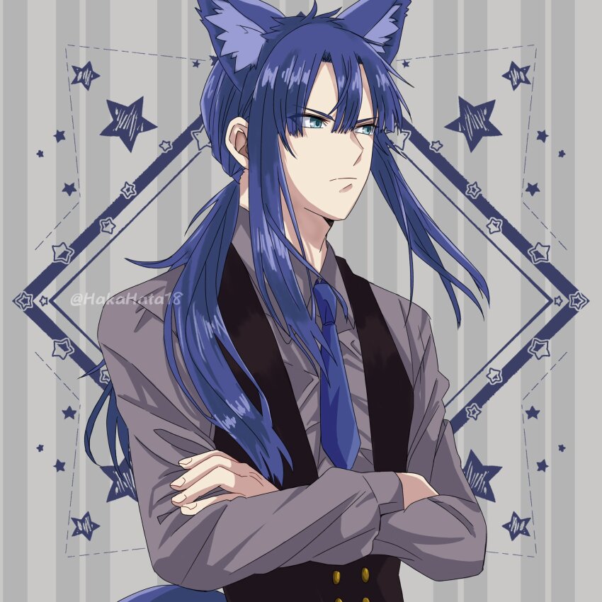 1boy animal_ears black_vest blue_eyes blue_hair blue_necktie cat_ears collared_shirt crossed_arms d.gray-man frown grey_background grey_shirt hair_between_eyes hair_over_shoulder hakahata18 highres kanda_yuu long_hair looking_to_the_side male_focus necktie ponytail shirt sidelocks signature solo square star_(symbol) striped_background twitter_username vertical-striped_background vest waistband