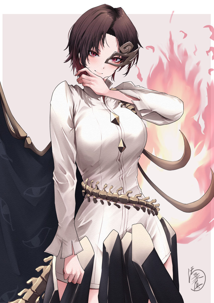 1girl absurdres asymmetrical_wings bone breasts brown_hair brown_mask buttons commentary diamond_button eye_print eyes_on_wings fiery_wings fire gold_buttons half_mask hand_on_own_chin highres iwanaga_ariya large_breasts long_sleeves mask mask_over_one_eye parted_bangs red_eyes shirt short_hair shorts signature simple_background skeletal_clothes skeletal_tail skeletal_wings smile solo spinal_cord standing tail touhou white_background white_shirt wings yagoro_kusuriya
