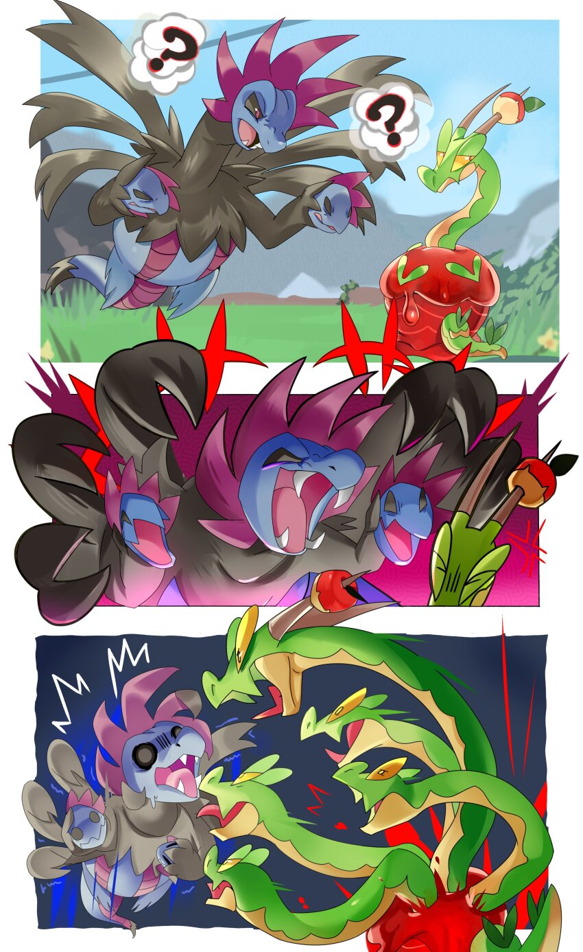 ? absurdres anger_vein angry apple black_sclera black_wings blue_fur body_fur colored_sclera dragon dragon_horns fang fangs food forest fruit full_body gen_5_pokemon highres horns hydra hydrapple hydreigon leaf multiple_heads multiple_wings nature nintendo no_humans open_mouth pkbunny pokemon pokemon_(creature) red_eyes red_pupils scared serpent sharp_teeth skin_fang spread_wings surprised tail teeth tongue tongue_out wings yellow_eyes
