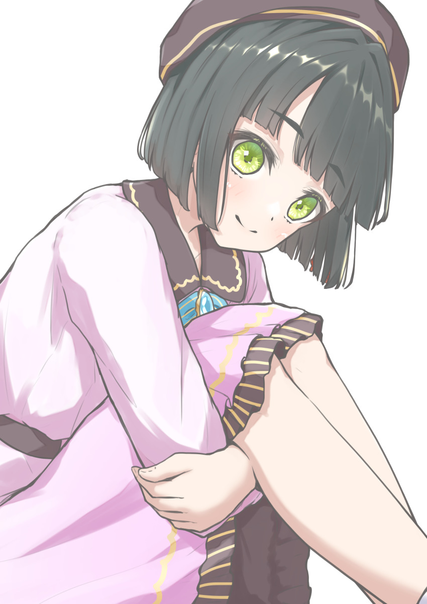 1girl absurdres beret black_hair blunt_bangs blunt_ends bob_cut brown_hat closed_mouth collared_dress commentary contrast_collar dream_believers dress feet_out_of_frame frilled_dress frills hat highres hugging_own_legs link!_like!_love_live! looking_at_viewer love_live! momose_ginko official_alternate_costume pink_dress rounded_collar short_hair simple_background smile solo split_mouth virtual_youtuber white_background zacuro