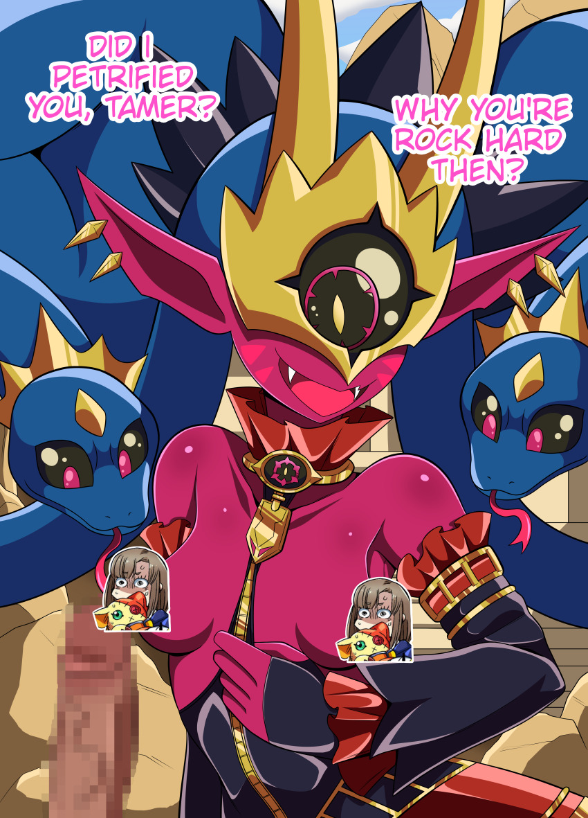 absurdres black_sclera breasts censored colored_sclera colored_skin crown digimon digimon_(creature) digimon_liberator earrings erection highres jewelry kinosaki_arisa mask medusamon monster_girl owen_dreadnought penis red_eyes red_skin rodrigoh_(rodrigo0xibalba) sharp_teeth shoemon snake snake_hair teeth tongue tongue_out undressing