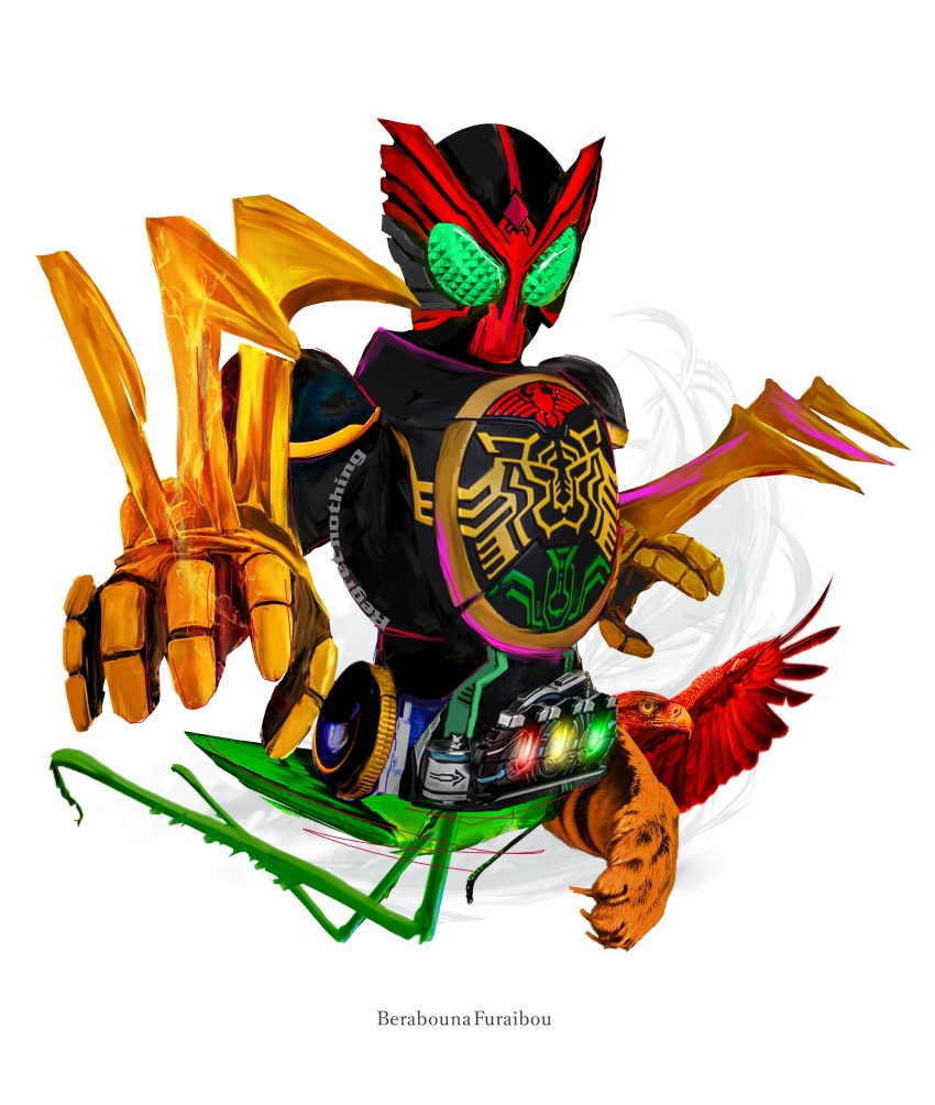 1boy absurdres armor bird black_armor black_bodysuit bodysuit bug claw_(weapon) claws core_medal fusion glowing grasshopper green_eyes hawk helmet highres insect kamen_rider kamen_rider_ooo kamen_rider_ooo_(series) male_focus obakelope0530 ooo_driver power_armor red_helmet simple_background solo tiger upper_body weapon white_background