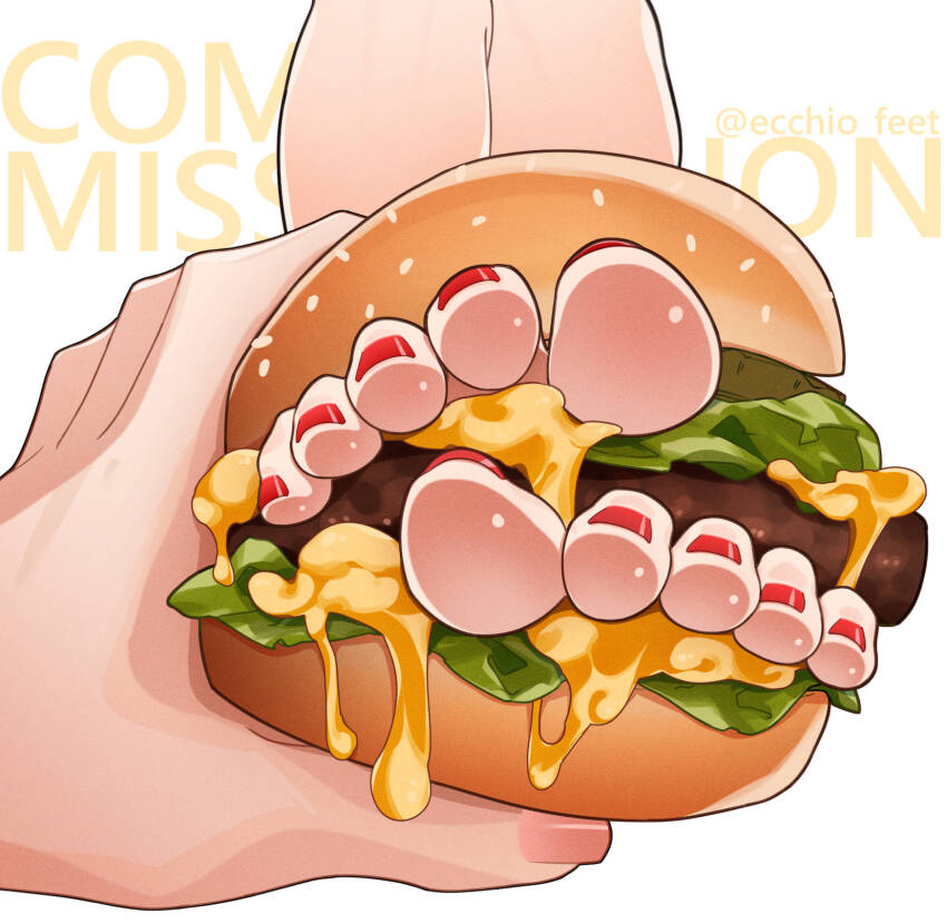 1girl 1other artist_name barefoot burger commission ecchi-o feet feet_in_food food foot_focus highres holding holding_another&#039;s_foot holding_burger holding_food nail_polish original pixiv_commission pov red_nails simple_background toenail_polish toenails toes twitter_username white_background