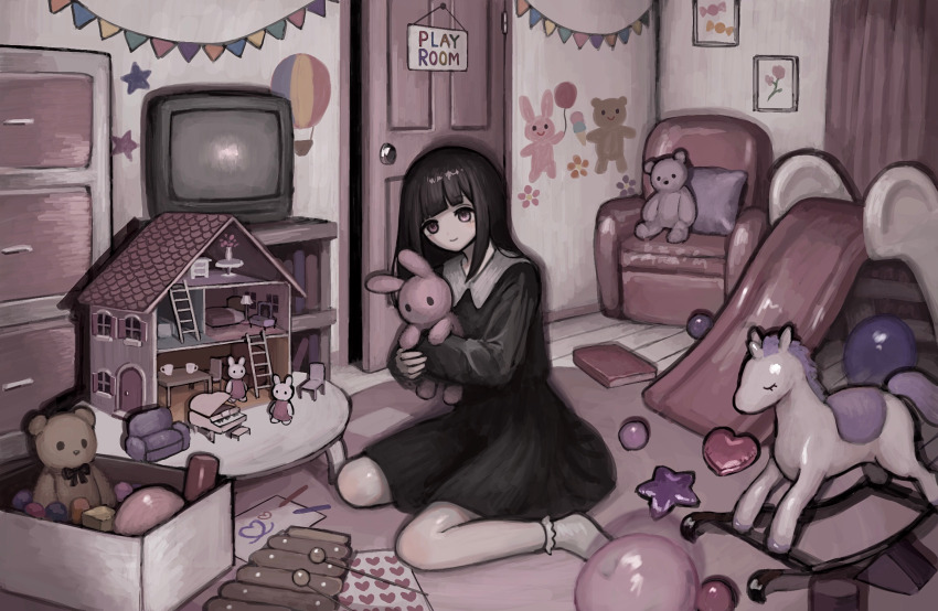 1girl black_dress black_hair blunt_bangs chair curtains doll_house dress english_text heart highres indoors kiro_(ntcm8883) long_hair long_sleeves original pillow rocking_horse sitting slide socks solo star_(symbol) stuffed_animal stuffed_rabbit stuffed_toy teddy_bear television white_socks wide_shot