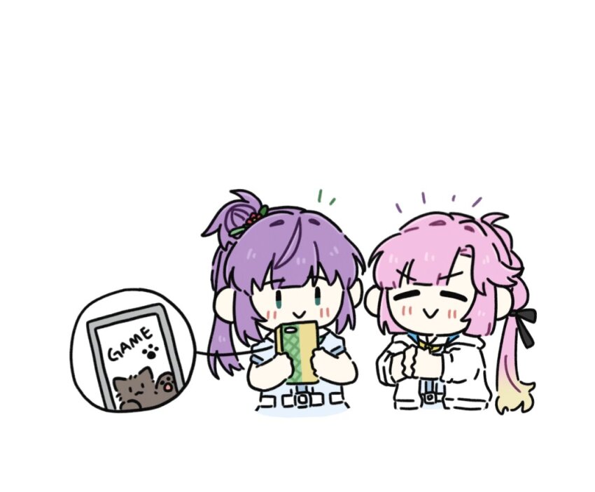 2girls :&gt; ahoge anyoji_hime aqua_neckerchief black_ribbon blonde_hair blue_dress blunt_bangs blush cellphone chibi chibi_only closed_eyes closed_mouth commentary_request cropped_torso dress english_text flower gradient_hair green_eyes hair_bun hair_flower hair_ornament hair_ribbon hasu_no_sora_school_uniform holding holding_phone hood hooded_jacket jacket korean_commentary link!_like!_love_live! long_hair love_live! multi-tied_hair multicolored_hair multiple_girls neckerchief notice_lines open_clothes open_jacket otomune_kozue own_hands_together phone pink_hair ponytail puffy_short_sleeves puffy_sleeves purple_hair red_flower ribbon sailor_collar sailor_dress school_uniform short_sleeves side_ponytail sidelocks simple_background single_side_bun three-quarter_sleeves smartphone smile summer_uniform swept_bangs virtual_youtuber white_background white_jacket white_sailor_collar yellow_neckerchief zueka27 |_|