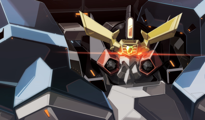 close-up gaofighgar glowing glowing_eyes highres looking_at_viewer mecha msugi no_humans orange_eyes robot solo super_robot v-fin yuusha_ou_gaogaigar yuusha_ou_gaogaigar_final yuusha_series