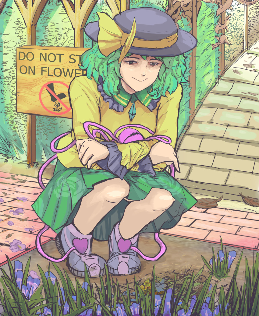 1girl absurdres autumn_leaves black_hat blouse bow closed_mouth collared_shirt commentary crossed_wrists english_commentary english_text floral_print flower frilled_shirt_collar frilled_sleeves frills full_body green_eyes green_hair green_skirt hat hat_bow hat_ribbon highres komeiji_koishi leaf long_sleeves medium_hair ottagon2 outdoors print_skirt purple_flower ribbon rose_print shirt shoes skirt sneakers solo third_eye touhou yellow_bow yellow_ribbon yellow_shirt