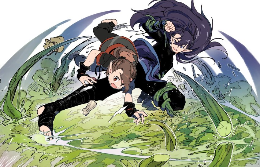 2boys barefoot brown_hair fengxi_(the_legend_of_luoxiaohei) fighting hair_between_eyes long_sleeves luozhu_(the_legend_of_luoxiaohei) multiple_boys open_mouth outline pointy_ears red_eyes short_sleeves smile luo_xiaohei_zhanji vox white_outline wide_shot