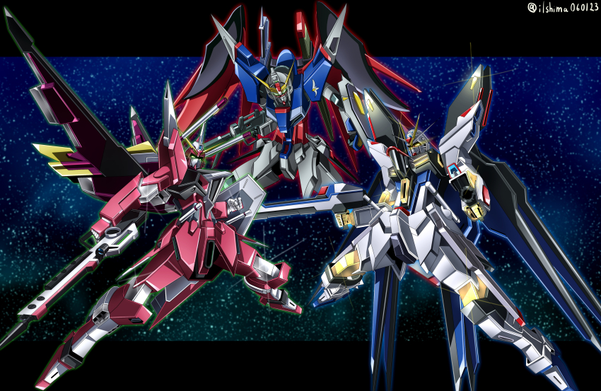 absurdres arm_shield beam_rifle commentary_request destiny_gundam dual_wielding energy_gun glint glowing glowing_eyes green_eyes gun gundam gundam_seed gundam_seed_destiny highres holding holding_gun holding_weapon infinite_justice_gundam insignia legs_apart letterboxed mecha mecha_focus mechanical_wings mobile_suit no_humans outside_border robot science_fiction shimashun space star_(sky) strike_freedom_gundam twitter_username v-fin weapon wings yellow_eyes