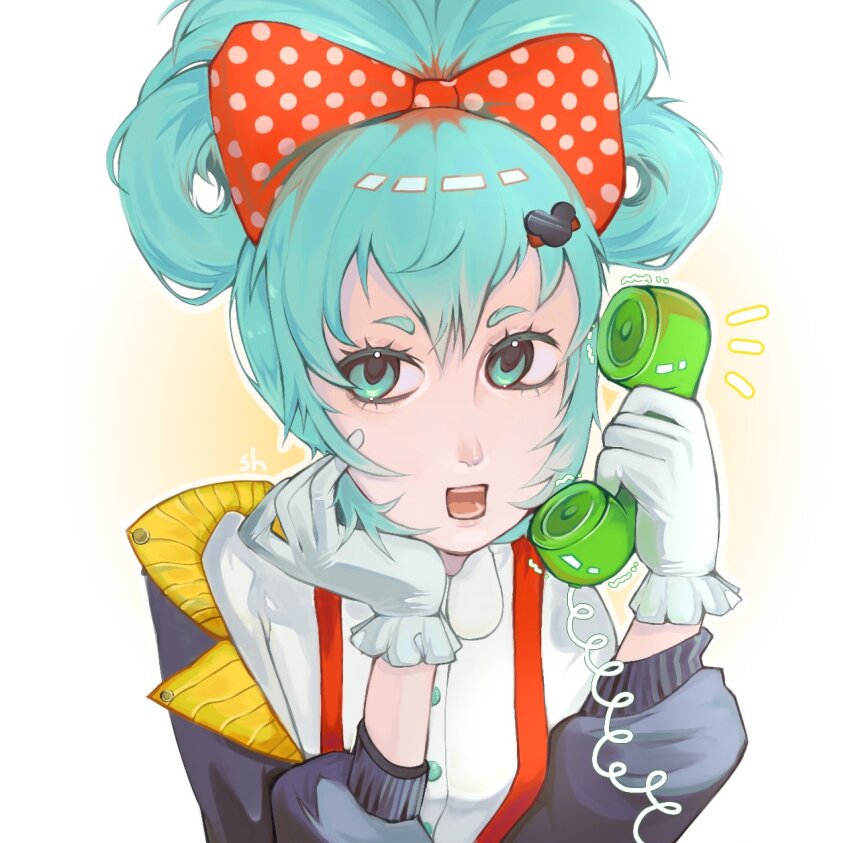 1girl aqua_eyes aqua_hair blue_eyes blue_hair bow cosplay gloves hair_bow hair_ornament hatsune_miku highres long_hair looking_at_viewer mickey_mouse mickey_mouse_&amp;_friends mickey_mouse_(cosplay) parody ray00maniac smile solo upper_body very_long_hair vocaloid