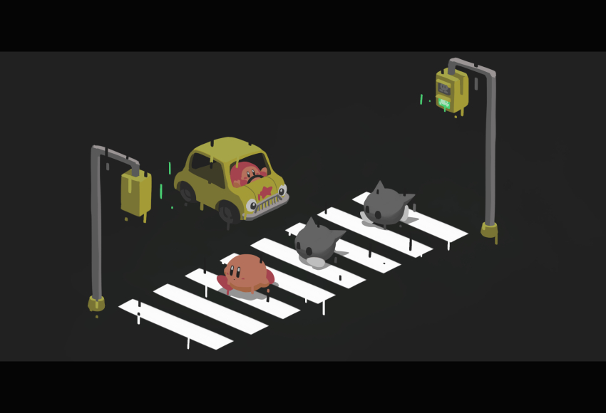 :o black_eyes blush_stickers car colored_skin commentary_request crosswalk driver_waddle_dee driving expressionless grey_background grey_skin highres kirby kirby_(series) letterboxed looking_ahead motor_vehicle n-z nintendo no_humans no_mouth orange_skin parted_lips pink_skin rain red_footwear shoes solid_circle_eyes star_(symbol) steering_wheel suyasuyabi traffic_light waddle_dee walking white_footwear yellow_shoes