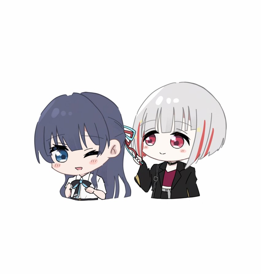 2girls ;d black_choker black_jacket black_necktie blue_eyes blue_hair blue_necktie blue_ribbon blush bob_cut casual choker closed_mouth collared_shirt commentary cropped_shirt cropped_torso diagonal_bangs dollchestra grey_hair hair_ribbon half_updo hashtag-only_commentary highres inverted_bob jacket link!_like!_love_live! long_hair long_sleeves looking_at_another love_live! magu_(cv_mgmgcup) midriff multicolored_hair multiple_girls murano_sayaka murano_sayaka_(summer_casual) necktie o-ring o-ring_choker official_alternate_costume one_eye_closed open_clothes open_jacket open_mouth red_eyes red_hair red_ribbon red_shirt ribbon ribbon_hold shirt short_hair short_sleeves smile split_mouth streaked_hair v-neck virtual_youtuber white_shirt yugiri_tsuzuri yugiri_tsuzuri_(summer_casual)