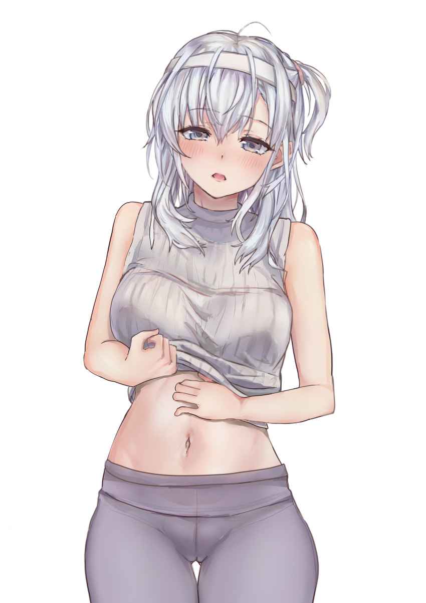 1girl absurdres ahshi_(yingchuan_songshu) black_bra bra breasts cameltoe covered_erect_nipples embarrassed grey_eyes grey_hair grey_pantyhose hachimaki headband highres kantai_collection large_breasts lifting_own_clothes navel open_mouth pantyhose ribbed_sweater side_ponytail solo suzutsuki_(kancolle) sweater underwear white_headwear