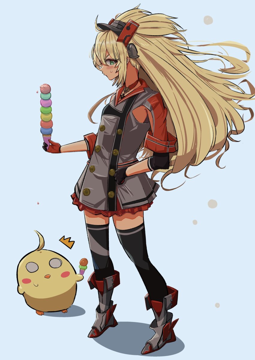 1girl ^^^ admiral_hipper_(azur_lane) armpit_cutout azur_lane black_gloves black_thighhighs blonde_hair blush clothing_cutout food full_body gloves green_eyes grey_footwear highres holding holding_food holding_ice_cream ice_cream ice_cream_cone long_hair manjuu_(azur_lane) red_gloves simple_background standing sweatdrop thighhighs too_many too_many_scoops two-tone_gloves white_background yudofu_ice zettai_ryouiki