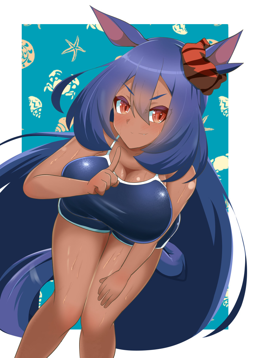 1girl absurdres animal_ears asahiruyou black_hair blue_one-piece_swimsuit breasts cleavage commentary_request competition_school_swimsuit dark-skinned_female dark_skin ear_ornament highres hishi_amazon_(umamusume) horse_ears horse_girl large_breasts long_hair looking_at_viewer one-piece_swimsuit red_eyes school_swimsuit simple_background smile solo swimsuit tracen_swimsuit umamusume v-shaped_eyebrows very_long_hair