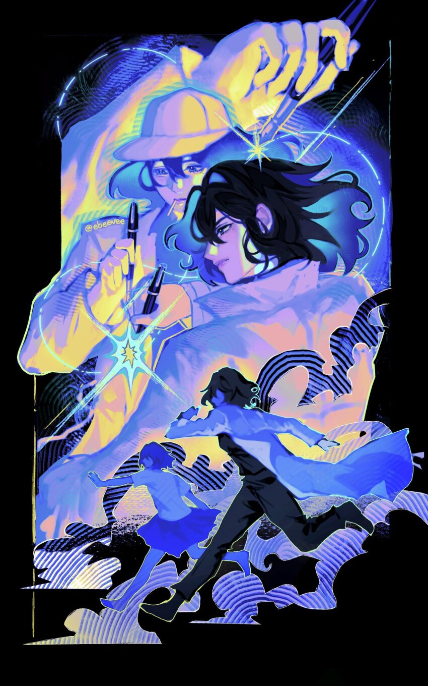 1other 4girls abstract age_progression baseball_cap black_eyes black_hair black_shirt black_skirt bob_cut coat commentary english_commentary evie_(baoxiao) full_body glowing glowing_hair hair_flowing_over han_sooyoung hand_up hat highres holding holding_pen limited_palette lollipop_in_mouth multiple_boys multiple_girls multiple_persona multiple_views omniscient_reader&#039;s_viewpoint out_of_frame painterly pen running saturated serious shirt short_hair size_difference skirt sparkle white_coat white_shirt wind wind_lift