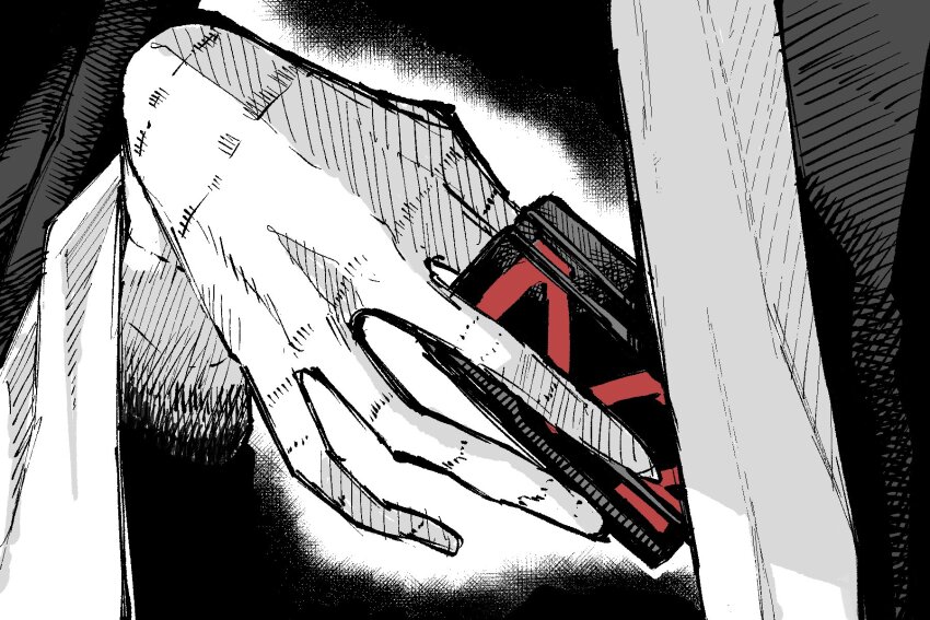 1boy between_fingers blue_archive card card_between_fingers cloak close-up commentary_request crossover greyscale hand_focus highres holding holding_card jazz_(fukukan) kamen_rider kamen_rider_den-o_(series) kamen_rider_zeronos monochrome out_of_frame parody phrenapates_(blue_archive) scene_reference spot_color