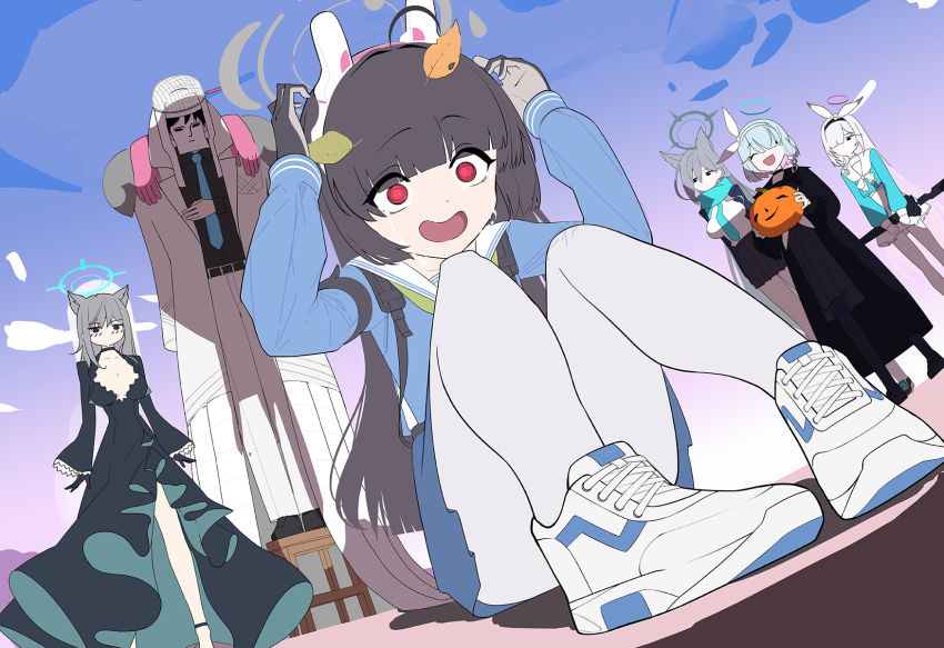 1boy 5girls :d @_@ animal_ears arona_(blue_archive) arona_(blue_archive)_(cosplay) black_coat black_dress black_footwear black_gloves black_hair black_shirt black_skirt blue_archive blue_hair blue_halo blue_skirt blunt_bangs closed_eyes coat colored_inner_hair commentary_request cosplay costume_switch crying crying_with_eyes_open dark_halo dress dual_persona fake_animal_ears gloves grey_hair grey_halo hair_over_one_eye halo hands_up highres holding holding_pumpkin knees_up leaf leaf_on_head long_hair long_sleeves miniskirt miyu_(blue_archive) multicolored_hair multiple_girls nasan_(coldtime) one_eye_covered open_mouth outdoors pants pantyhose phrenapates_(blue_archive) pink_hair plana_(blue_archive) plana_(blue_archive)_(cosplay) pumpkin rabbit_ears red_eyes red_halo sailor_collar school_uniform sensei_(blue_archive) serafuku shiroko_(blue_archive) shiroko_(blue_archive)_(cosplay) shiroko_terror_(blue_archive) shiroko_terror_(blue_archive)_(cosplay) shirt shoes short_hair sitting skirt smile sneakers solo_focus standing tears white_footwear white_pants white_pantyhose white_sailor_collar white_shirt white_skirt