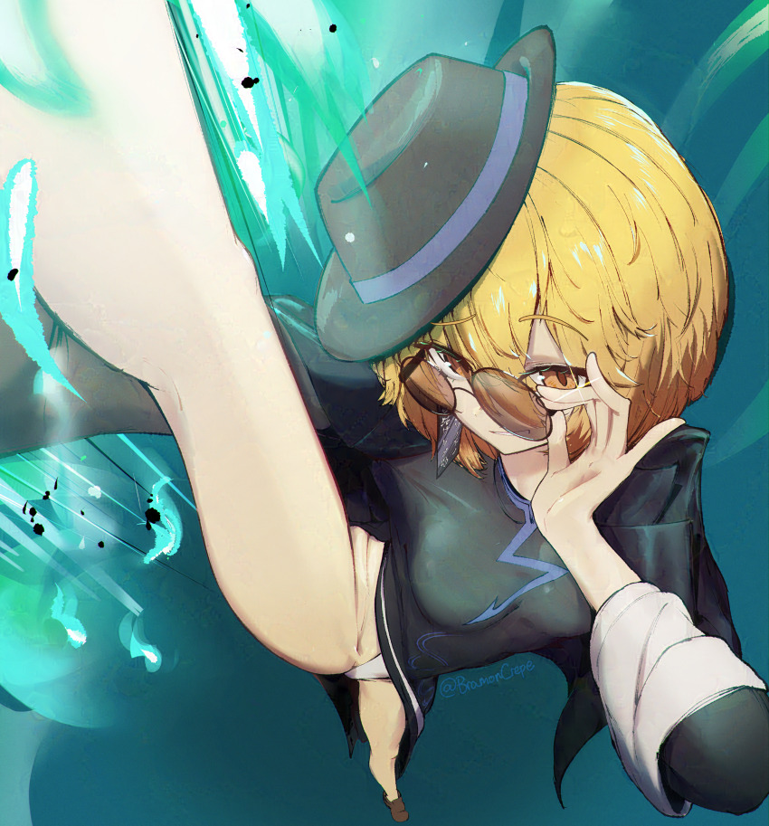 1girl absurdres adjusting_eyewear black_coat black_dress black_gloves black_hat blonde_hair bracelet bramoncrepe breasts china_dress chinese_clothes coat coat_on_shoulders don_quixote_(project_moon) dress earrings cinq_east_(identity)_(project_moon) foreshortening gloves grin hat highres jewelry large_breasts leg_up leotard limbus_company long_sleeves looking_at_viewer open_mouth panties partially_opaque_sunglasses project_moon round_eyewear short_hair single_earring single_glove slit_pupils smile solo sparkle standing standing_on_one_leg sunglasses teeth tilted_headwear tilted_headwear underwear yellow_eyes