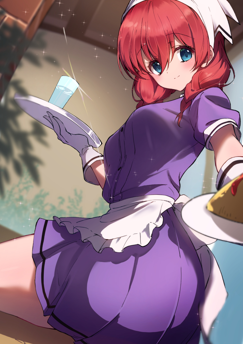 1girl amano_miu apron bandana blend_s blue_eyes blush breasts closed_mouth commentary_request cup food from_side gloves highres holding holding_plate holding_tray kootee-on looking_at_viewer medium_breasts medium_hair omelet omurice plate pleated_skirt purple_shirt purple_skirt red_hair shirt short_sleeves sitting skirt solo stile_uniform tray waist_apron white_bandana white_gloves