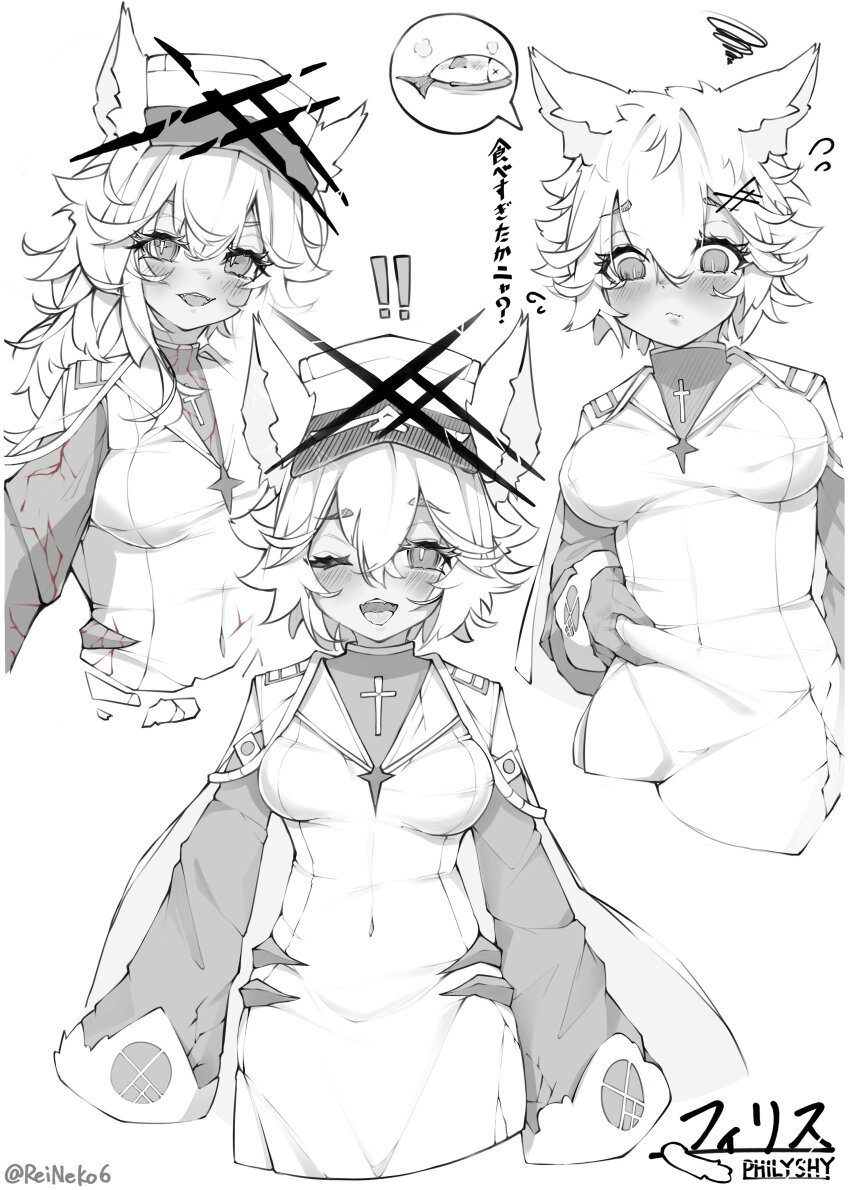 !? 1girl absurdres alchemy_stars animal_ears belly_grab blush breasts cape cat_ears character_name covered_navel dress fang fish flying_sweatdrops gloves greyscale hair_ornament hat highres impossible_clothes impossible_dress long_hair long_sleeves medium_breasts monochrome multiple_views one_eye_closed open_mouth philyshy_(alchemy_stars) plump reine_(reineko6) short_hair skin_fang slit_pupils speech_bubble spoken_object squiggle twitter_username upper_body yumi_(alchemy_stars)