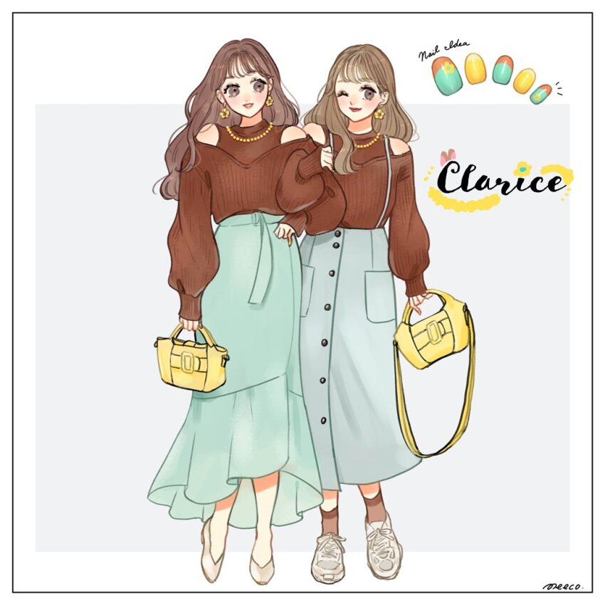 2girls alternate_costume animification bag character_name clarice_(disney) eyelashes full_body humanization jewelry looking_at_viewer meecosme mickey_mouse_&amp;_friends multiple_girls necklace off_shoulder personification shirt skirt smile