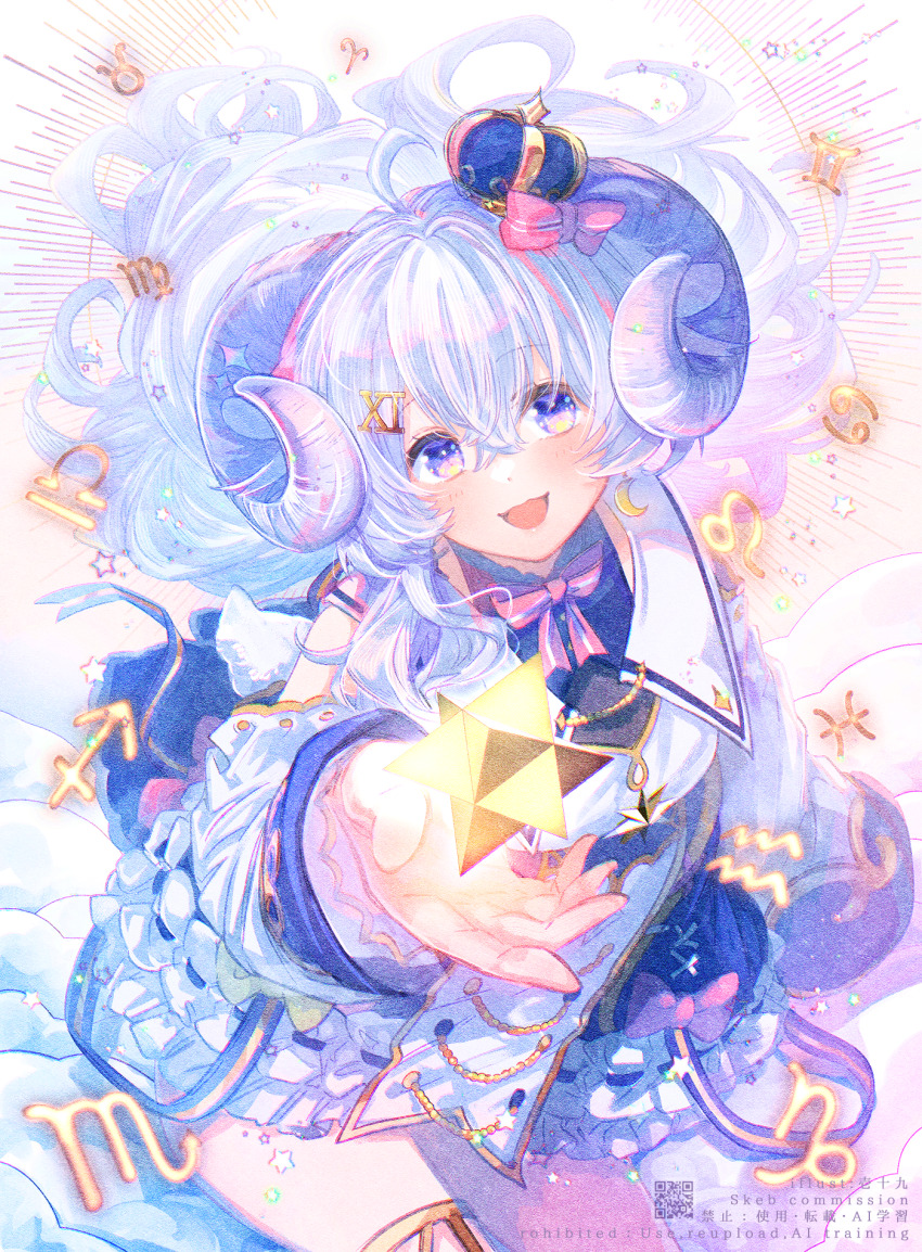 1girl :d ahoge aquarius_(symbol) aries_(symbol) arm_up black_shirt blue_eyes blue_skirt blush bow breasts cancer_(symbol) capricorn_(symbol) commentary_request commission crescent crescent_earrings crown detached_sleeves earrings gemini_(symbol) grey_hair hair_between_eyes hair_ornament highres horns hoshikage_lapis indie_virtual_youtuber ittokyu jacket jewelry leo_(symbol) libra_(symbol) long_hair long_sleeves medium_breasts mini_crown open_mouth pink_bow pisces_(symbol) ribbon-trimmed_skirt ribbon_trim roman_numeral sagittarius_(symbol) scorpio_(symbol) shirt skirt smile solo taurus_(symbol) tilted_headwear very_long_hair virgo_(symbol) virtual_youtuber white_jacket white_sleeves