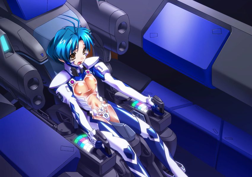 1girl 5pb. antenna_hair blue_hair bodysuit bou_(inubou) brown_eyes cockpit female_focus game_cg highres muv-luv open_mouth pilot_suit see-through_clothes see-through_bodysuit short_hair sitting solo yoroi_mikoto